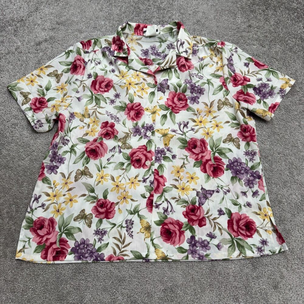 Vintage BonWorth Floral Seersucker Short Sleeve Blouse Womens Medium Petite Top